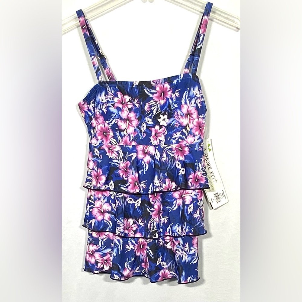A Shore Fit Swim Top with Attached Skirt. Navy with Pink & White Floral Design